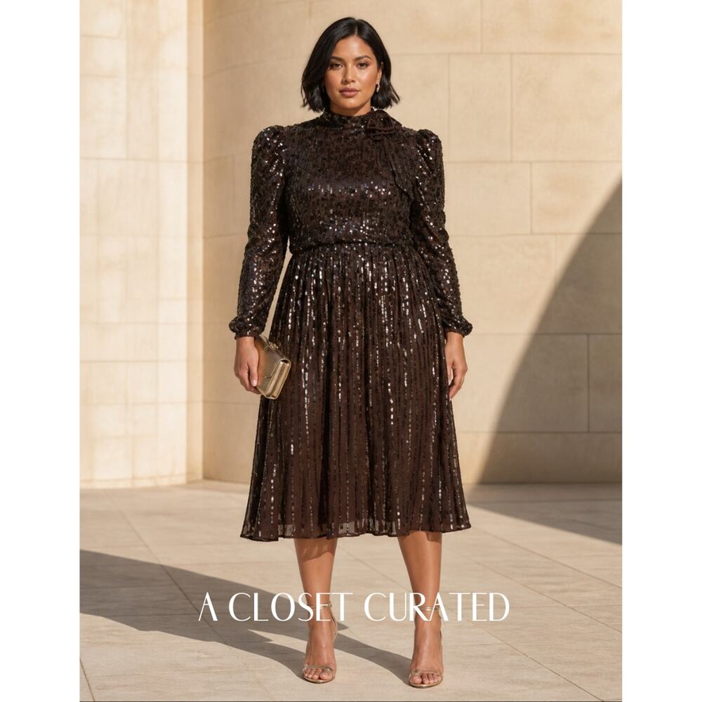 Mac Duggal Long Sleeve Sequin Tea Length Dress 18 Brown NWT Style 93642